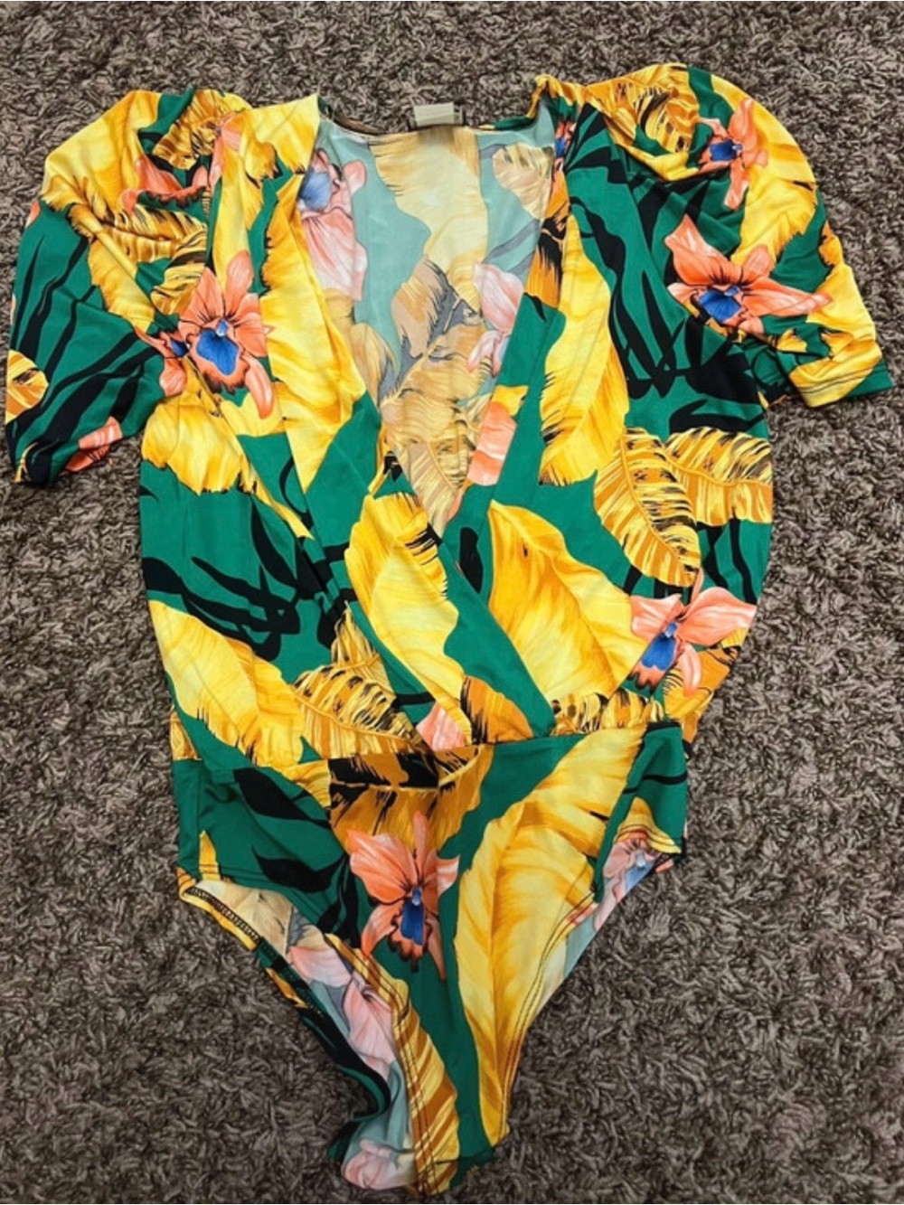 Green Tropical Floral Wrap Bodysuit with Yellow Leaf Print